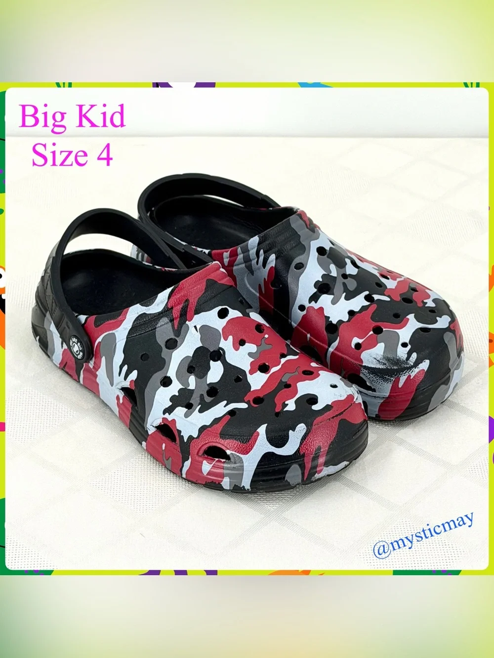 Red Black Gray UNISEX CAMOUFLAGE CLOGS Marble Swirl Sandals Shoes Big Kid Size 4